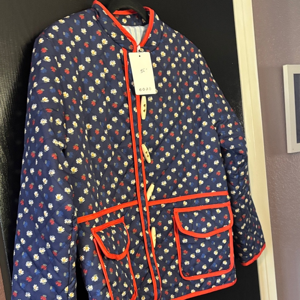 Coach Women's Floral Quilted Jacket - Blue and Red